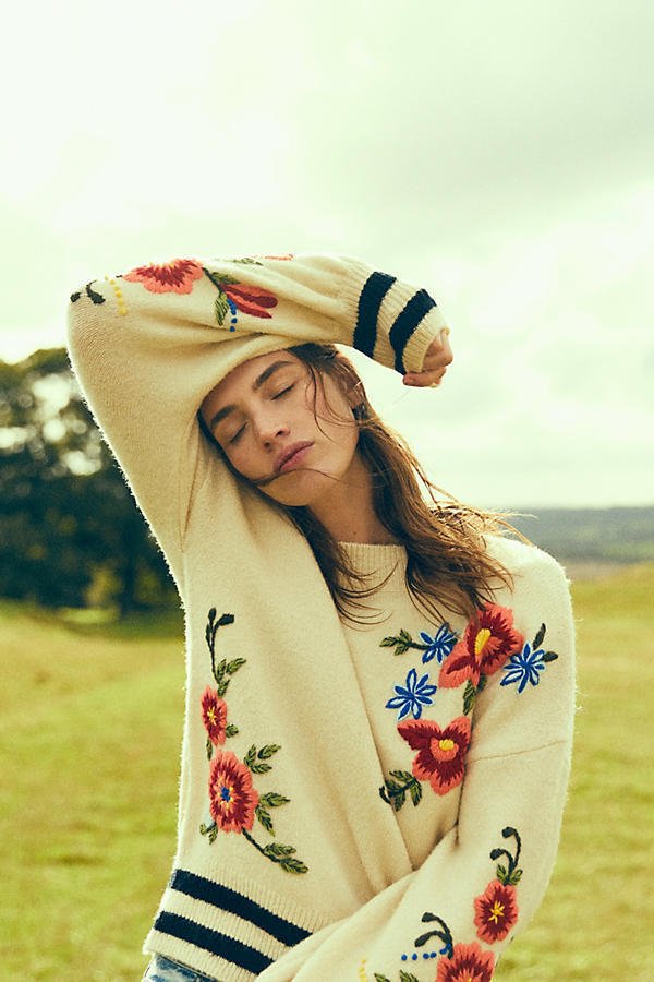 Anthropologie Gardenstripe Embroidered Pullover by Harlyn Sz M - NWOT