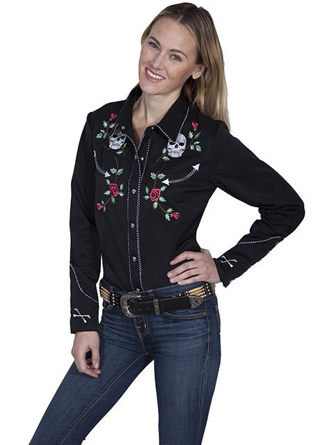 New Scully Women’s Black Rayon Blend Skull & Rose Embroidered Western Shirt