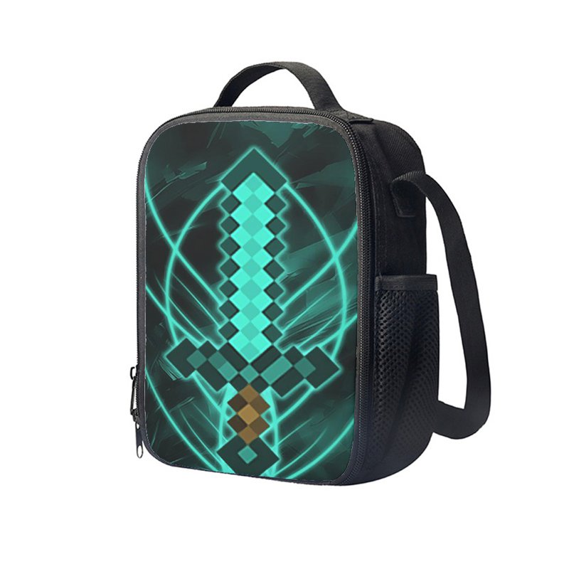 Minecraft Creeper Diamond Sword 10" Kids School Travel Insulated Lunch Bag Box Black #06