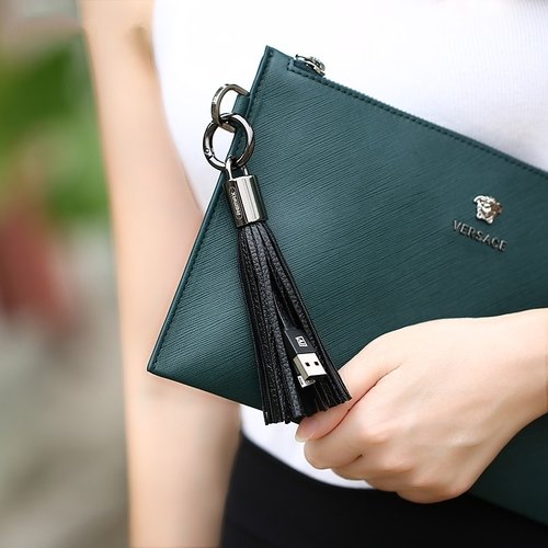Leather Tassel Micro USB Cable Metal Ring Key Chain Charging Data for Android Black