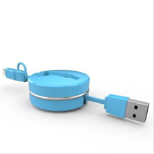 IOS Andriod 2 in1 Micro USB Cable Mobile Phone Data Charger Retractable Cable Blue