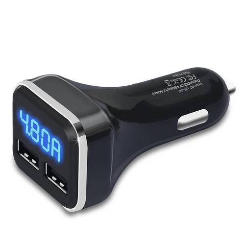 Dual USB Car Charger 4.8A Adapter LED Display Fast Charging For iPhone Samsung Black