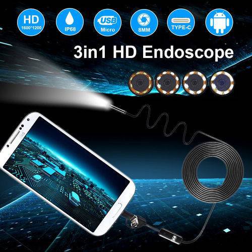 8 LED USB Endoscope Inspection Camera 1200P HD Borescope 3in1 Waterproof IP68  ( 2M)