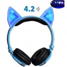Fordable Glowing Cat Ear Bluetooth Headphones with Microphone Wireless for PC iPhone TV iPad Blue