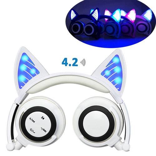 Fordable Glowing Cat Ear Bluetooth Headphones with Microphone  for PC iPhone TV iPad  White