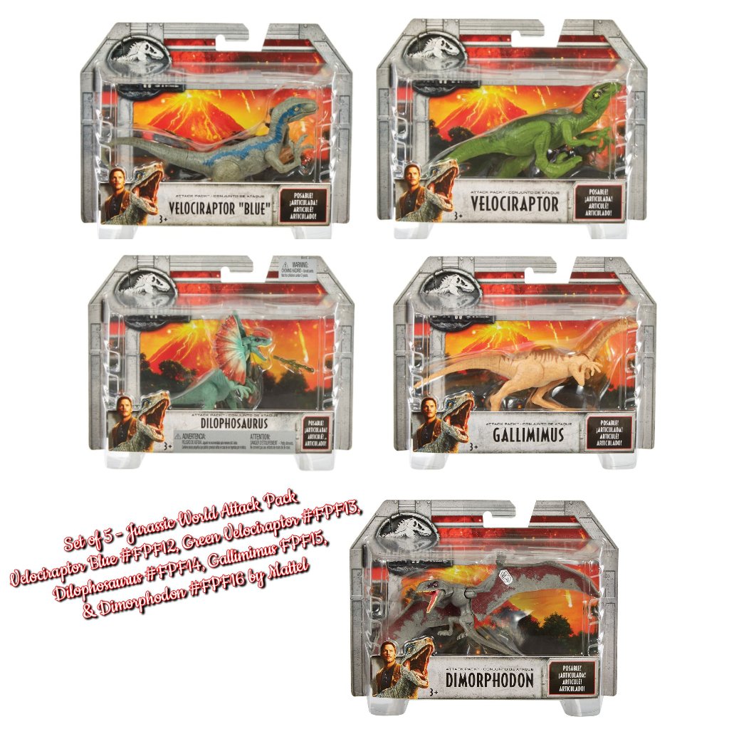 Set of 5 Jurassic World Attack Pack Velociraptor Blue & Green ...