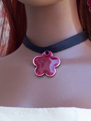 Maroon enamel flower on satin choker - Fashion Doll Jewelry