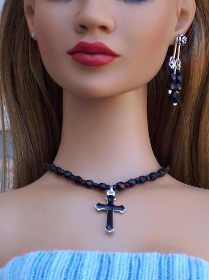 Black enamel cross and jet set - Fashion Doll Jewelry