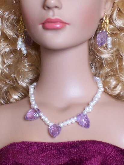 Carved Amethyst leaves and pearls - Fashion Doll Jewelry