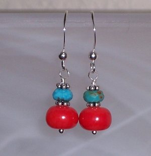 Coral, turquoise and sterling silver earrings