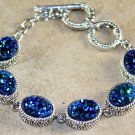 Silver Vintage Style Blue Green Rainbow Titanium Druzy Oval Bracelet