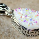SILVER Vintage Style White Rainbow Titanium Druzy Drusy Teardrop Pendant