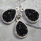 SILVER Vintage Style Black Titanium Druzy Pendant & Earrings Set