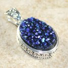 SILVER Vintage Style Royal Blue Rainbow Titanium Druzy Drusy Oval Pendant 15x20mm