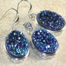 SILVER Vintage Style Blue Green Titanium Druzy Oval Pendant & Earrings 15x20mm