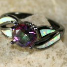 Black SILVER Elegant White Fire Opal & Mystic Rainbow Topaz Ring Size 8