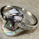 SILVER Elegant White Fire Opal & Mystic Rainbow Topaz Ring Size 8