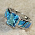 SILVER Elegant Blue Fire Opal & Sky Blue Topaz Rectangular Ring Size 8