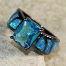 BLACK SILVER Elegant Blue Fire Opal & Sky Blue Topaz Rectangular Ring Size 8
