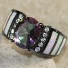 BLACK SILVER Elegant White Fire Opal & Mystic Rainbow Topaz Oval Ring Size 9 BLACK SILVER Elegant White Fire Opal & Mystic Rainbow Topaz Oval Ring Size 9