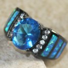 BLACK SILVER Elegant Blue Fire Opal & Royal Blue Topaz Oval Ring Size 7 BLACK SILVER Elegant Blue Fire Opal & Royal Blue Topaz Oval Ring Size 7