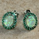 SILVER Elegant Green Fire Opal & Green Peridot Oval Stud Earrings Woman Gift