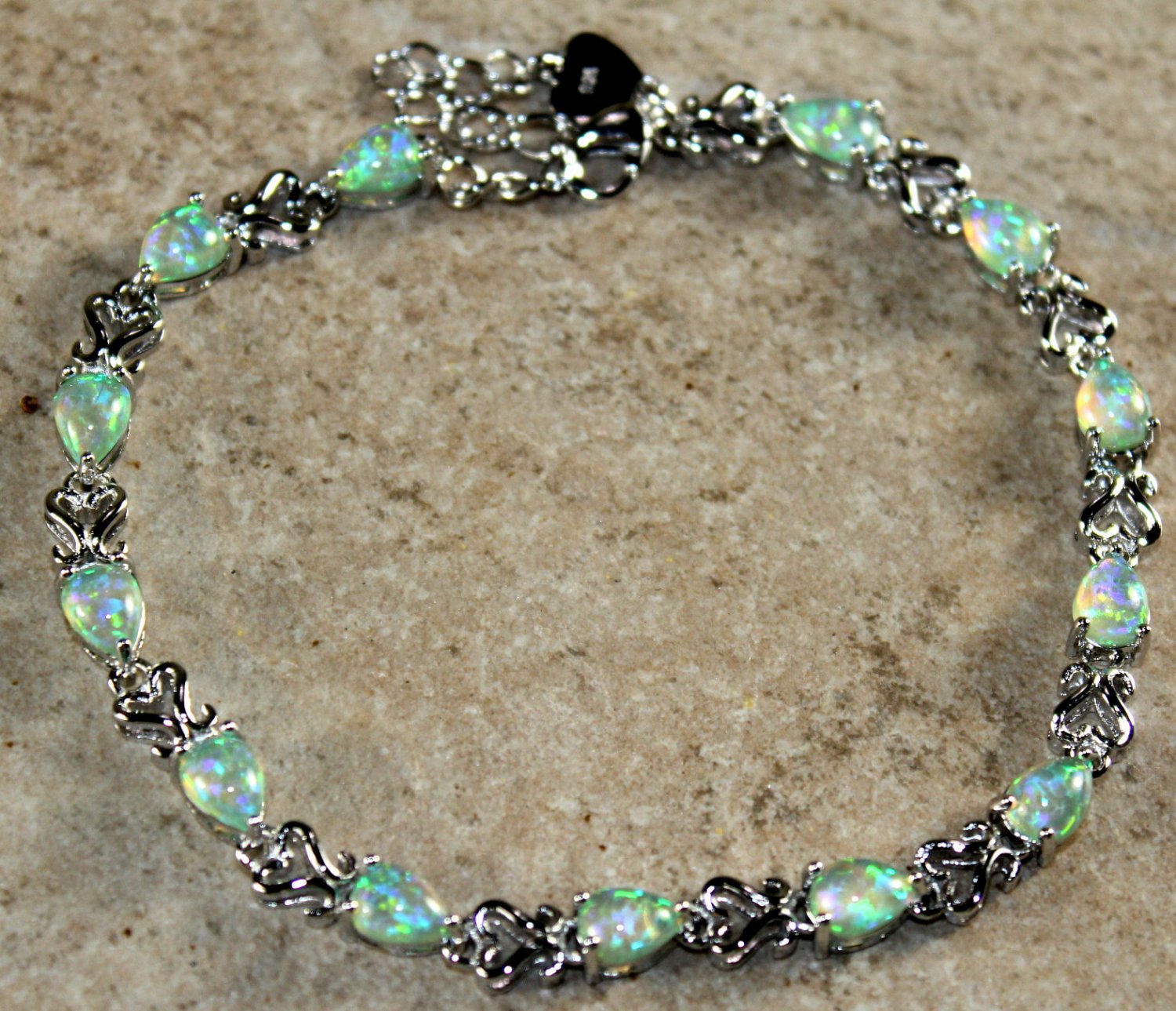 Silver Elegant Green Fire Opal Teardrop Bracelet Jewelry Woman Gift