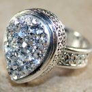 SILVER Vintage Style Shiny Silver Titanium Druzy Teardrop Ring Size 9