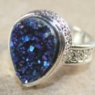 SILVER Vintage Style Royal Blue Titanium Druzy Teardrop Ring Size 6