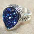 SILVER Vintage Style Blue Green Rainbow Titanium Druzy Teardrop Ring Size 7