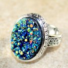 SILVER Vintage Style Golden Blue Titanium Druzy 15x20mm Oval Ring Size 10.75 SILVER Vintage Style Golden Blue Titanium Druzy 15x20mm Oval Ring Size 10.75