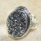 SILVER Vintage Style Silver Gray Titanium Druzy 15x20mm Oval Ring Size 9