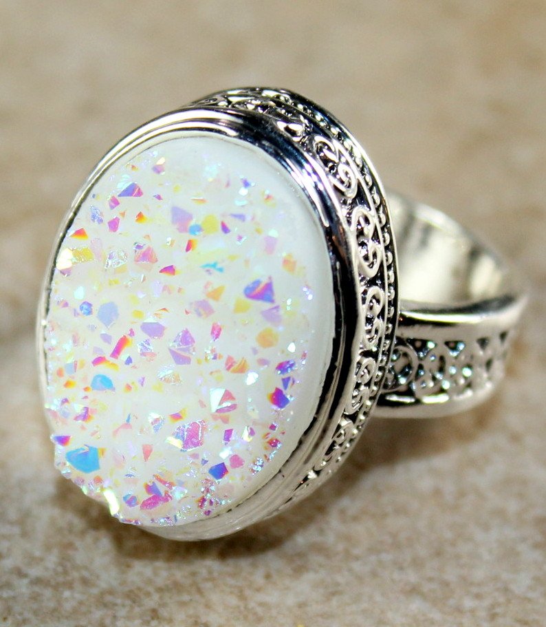 SILVER Vintage Style White Rainbow Titanium Druzy 15x20mm Oval Ring ...