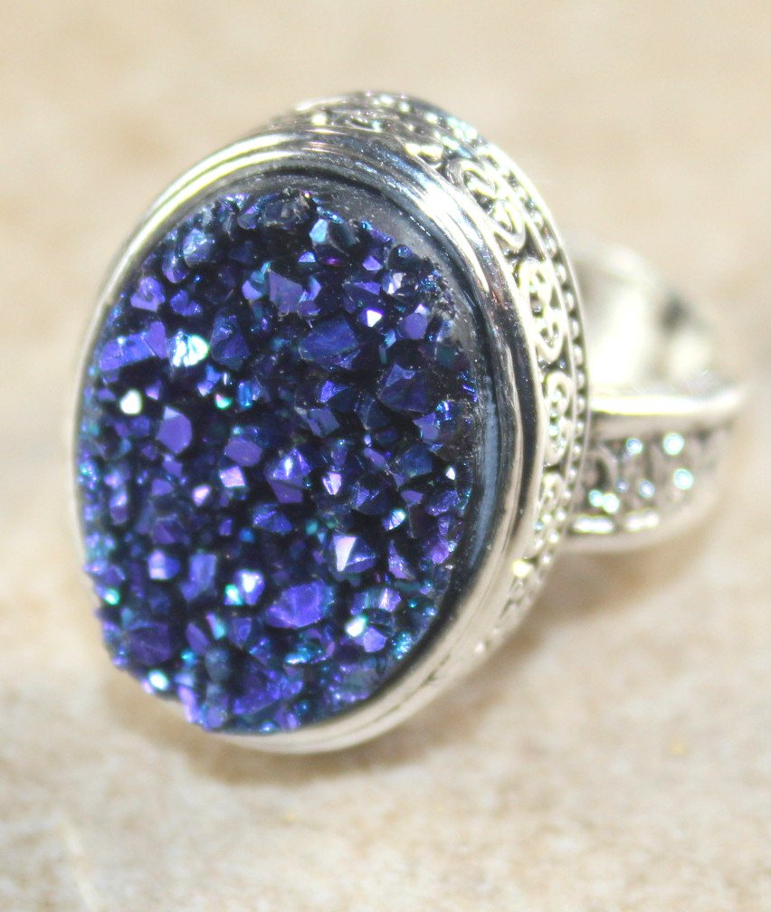 SILVER Vintage Style Blue Rainbow Titanium Druzy 15x20mm Oval Ring Size 7