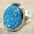 SILVER Vintage Style Sky Blue Rainbow Titanium Druzy 15x20mm Oval Ring Size 8