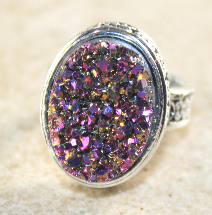 SILVER Vintage Style Purple Golden Rainbow Titanium Druzy 15x20mm Oval ...