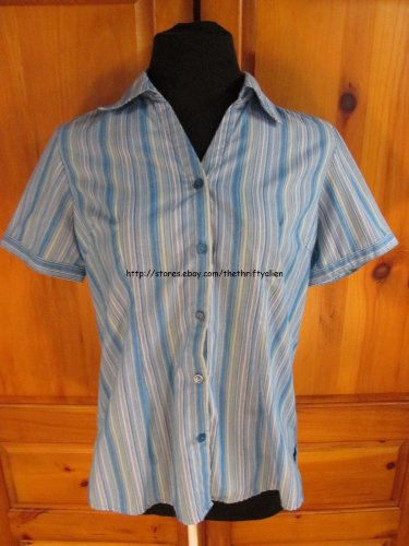 BASIC EDITIONS Short Sleeve Button Down Top - Womens Size S - Blue/Green Striped