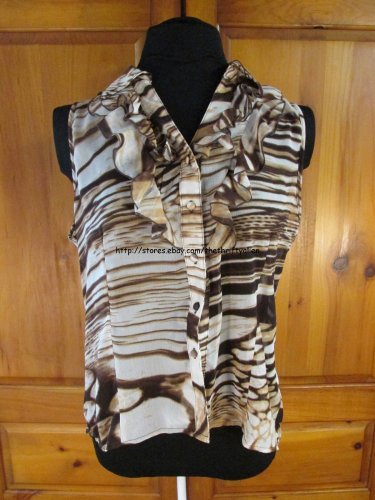 Joni B. Sheer Sleeveless Button Down Ruffle Top - Womens Size: Large - Brown