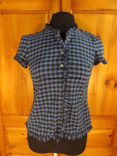 GAP Ruffled Short Sleeve Button Down Shirt - Womens Size: XS - Black/Blue