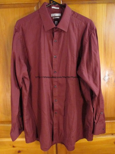 Van Heusen Pin Cord Maroon Dress Shirt 17 1/2 34-35 Button Down Wrinkle Free