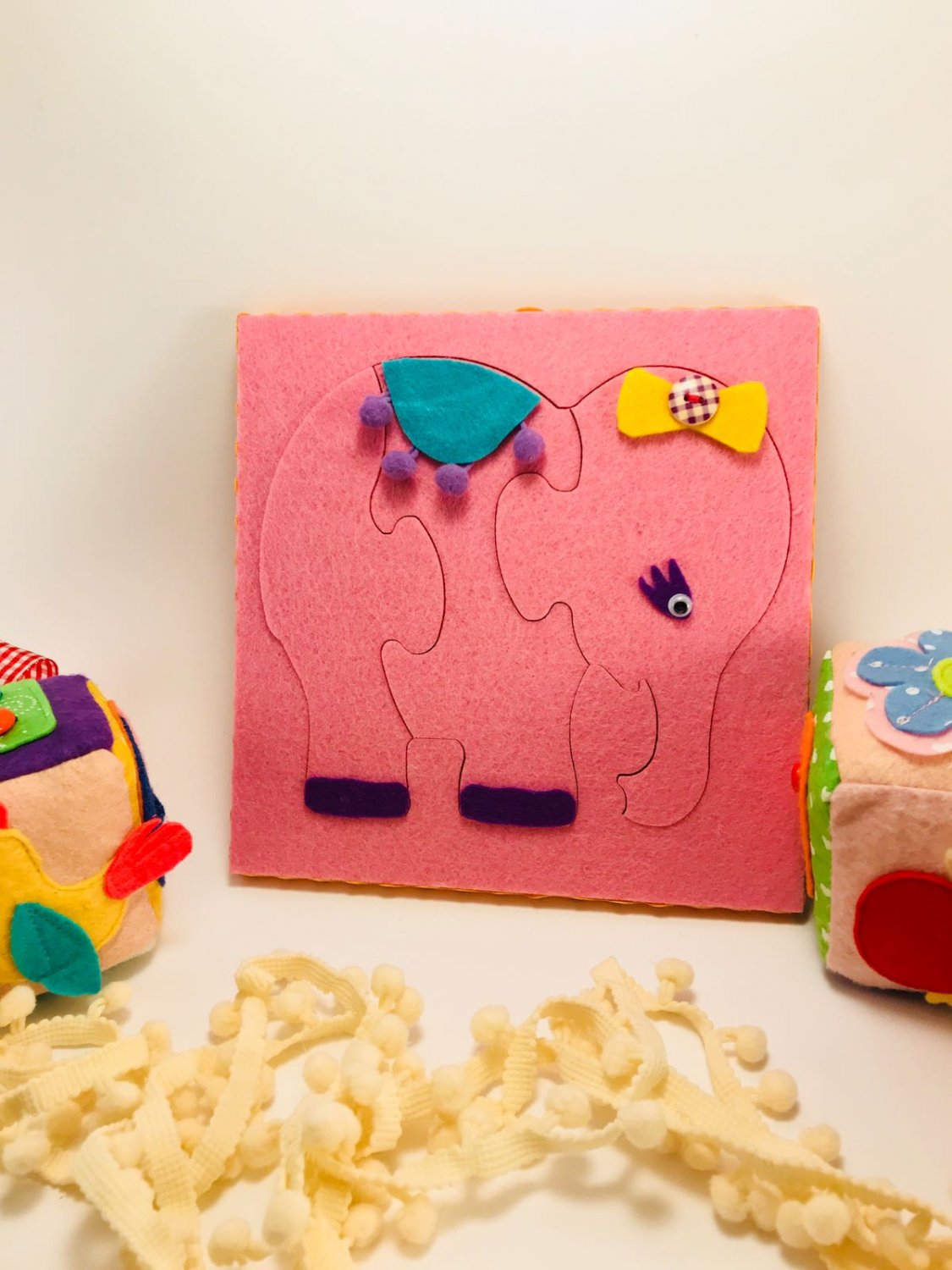 Pink Elephant, soft toy, puzzle for kids, 7.08x7.08 inch, cozy toy, Soft puzzle for boys and girls.