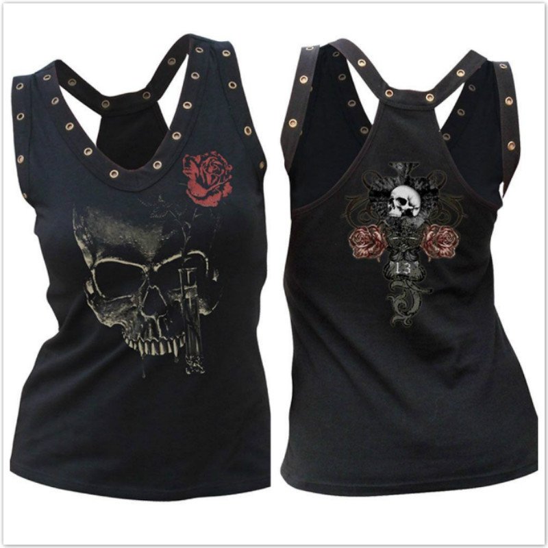 Sleeveless Crisscross Rose Skull Graphic Studded Tee