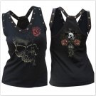 Sleeveless Crisscross Rose Skull Graphic Studded Tee