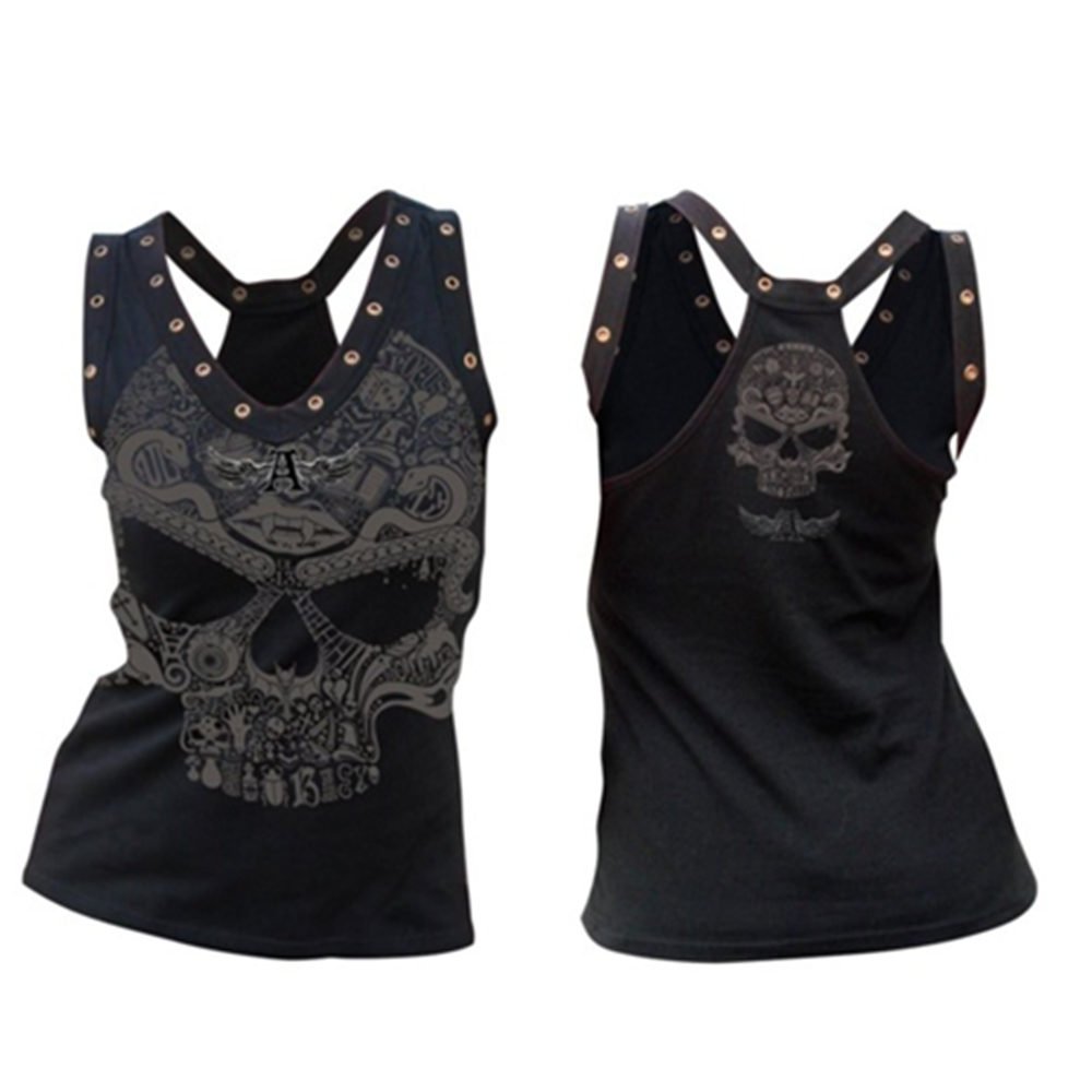 Sleeveless Crisscross Large Black Skull Graphic Studded Tee