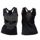 Sleeveless Crisscross Large Black Skull Graphic Studded Tee