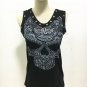Sleeveless Crisscross Large Black Skull Graphic Studded Tee