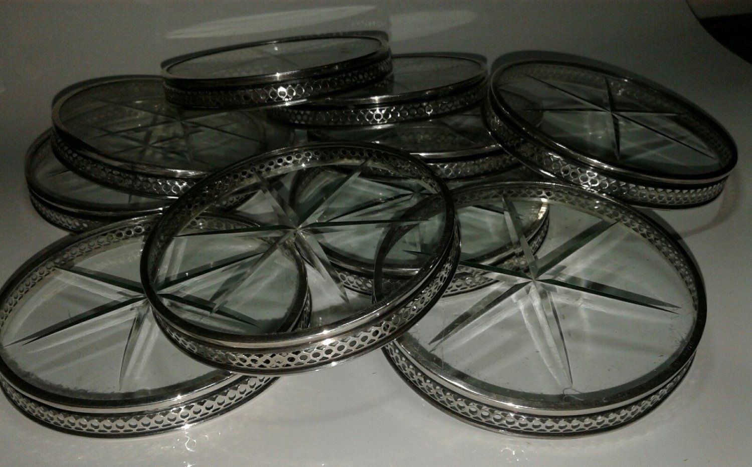 10 WEBSTER COASTERS Sterling Rim Etched Crystal Star  3 1/8" VINTAGE  BARWEAR