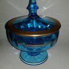 Vintage TIFFIN Indiana Blue Glass Pedestal Covered Dish Gold Rambling Rose