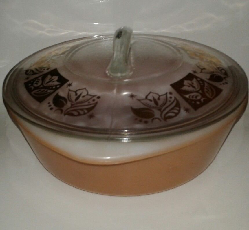 Vintage Pyrex? Fireking? Casserole Dish w Clear Glass w Gold Flowers FANCY