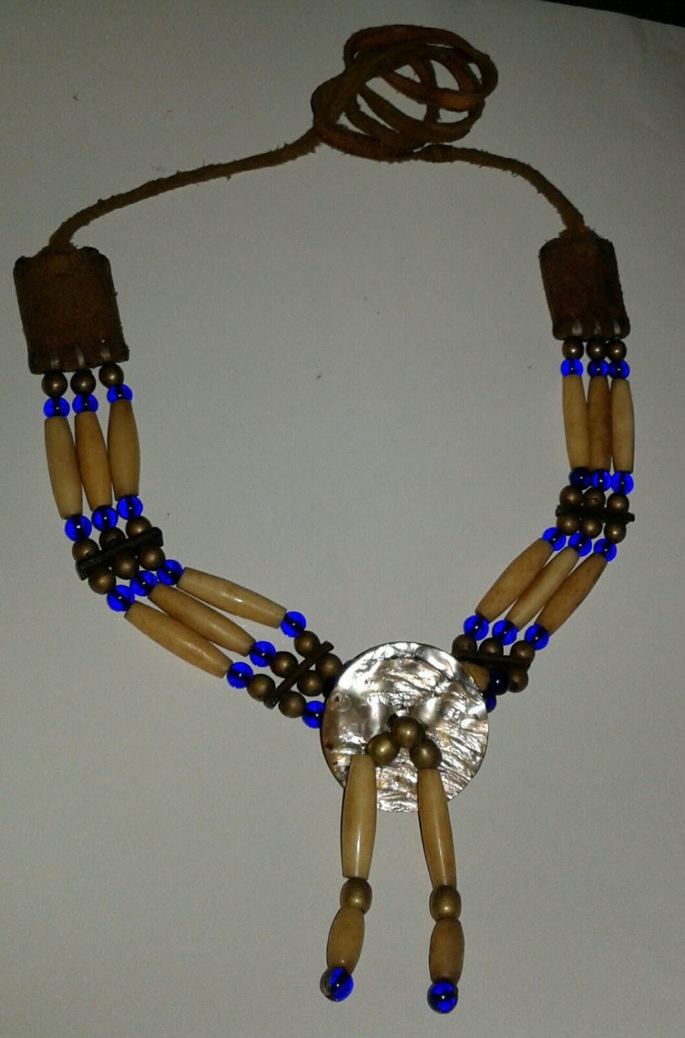 Vintage Native American Choctaw Beaded Necklace Bone Cobalt Blue Glass Abalone